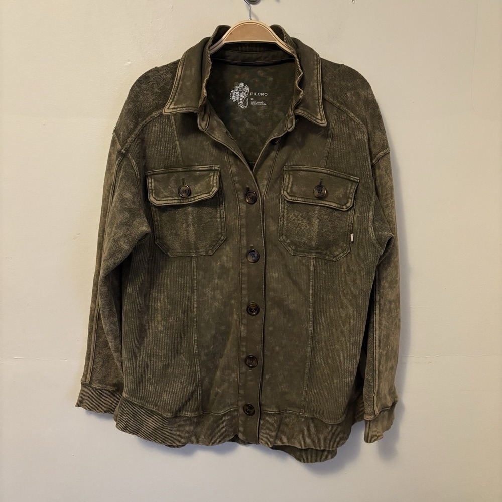 PILCRO Relaxed Distressed Shirt Jacket Shacket Green XS Anthropologie - DESC